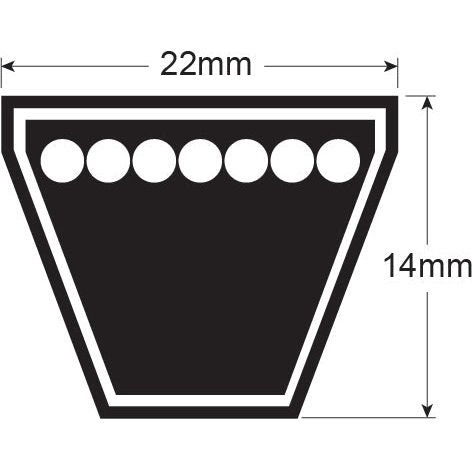 Diagram of a trapezoidal object with dimensions labeled as 22mm width and 14mm height, featuring seven circular elements inside the shape, similar to the profile of a "V Belt - C Section - Belt No. C48" from Sparex (Part No. S.18930).