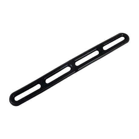 The Sparex Strap Rubber Tensioner 270mm 4 loops - S.18975 is a black elongated plastic piece featuring four evenly spaced rectangular slots, equipped with weather-resistant rubber tensioners for exceptional elasticity.