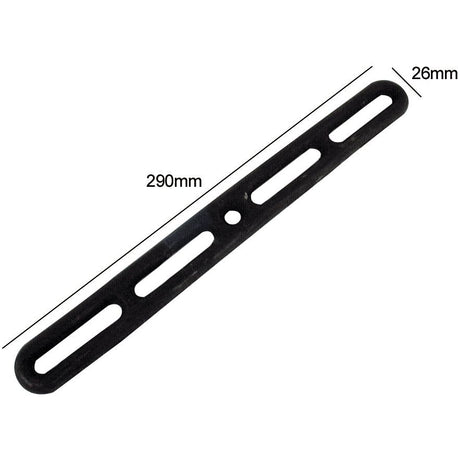 Introducing the Sparex TENSIONER STRAP-RUBBER 290MM - S.18976, a black metal bracket featuring three elongated slots and a central hole, measuring 290mm in length and 26mm in width. It includes weather-resistant rubber tensioners for excellent tension.