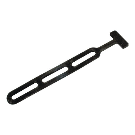 The Sparex Strap Rubber Tensioner 285mm 3 loops - S.18977 is a black metal tool featuring a slotted design with weather-resistant rubber tensioners and a T-shaped end.