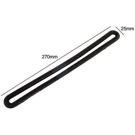 Shown against a white background is the Oval Rubber Tensioner 270mm 1 loop - S.18980 by Sparex, a black, flat, elongated rubber strip measuring 270mm in length and 25mm in width, known for its good tension and exceptional elasticity.