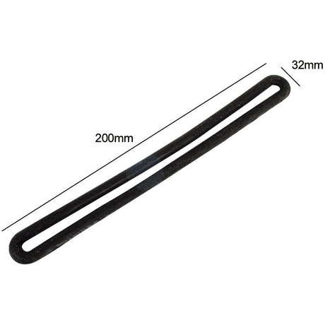 An Oval Rubber Tensioner 200mm 1 loop - S.18981 by Sparex, known for its good tension and exceptional elasticity, is displayed against a white background. The black elongated rubber O-ring measures 200mm in length and 32mm in width.