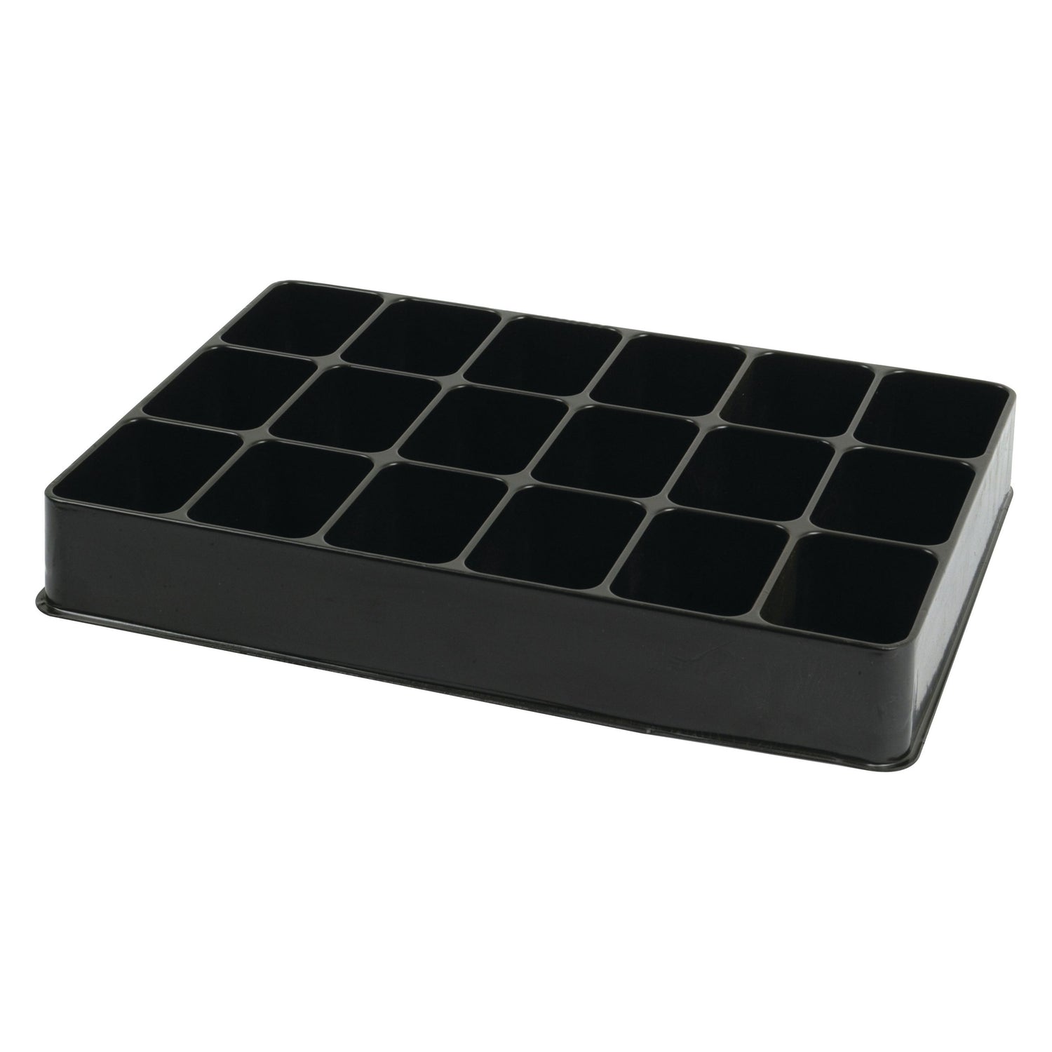 Introducing the Sparex 18 Compartment Tray (330 x 50 x 230mm), a black plastic tray perfect for organizing your garden or craft supplies.