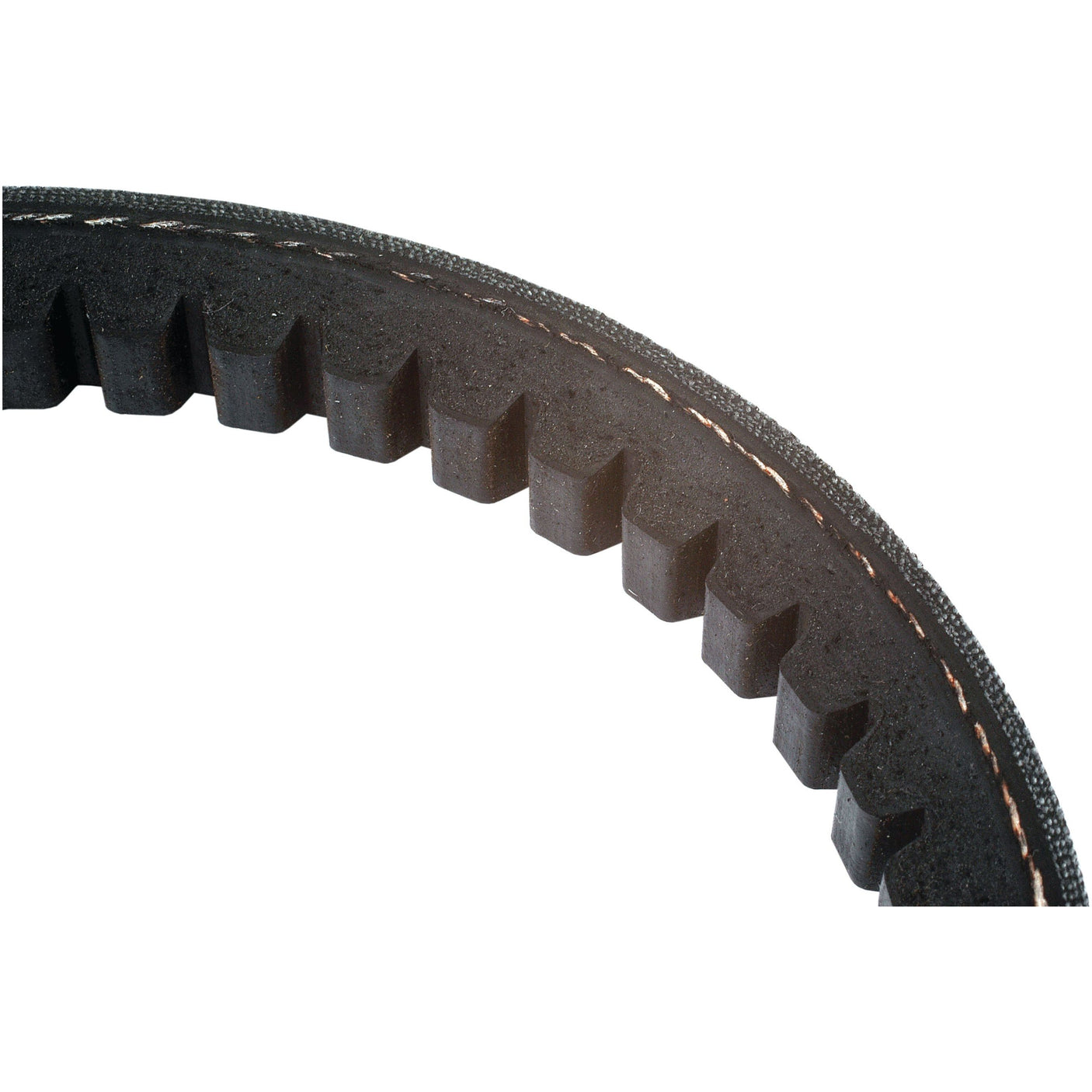 Close-up image of a black Sparex Raw Edge Moulded Cogged Belt - AVX17 Section (Belt No. AVX17x1215) with a stitched seam running along the edge, suitable for John Deere replacements.