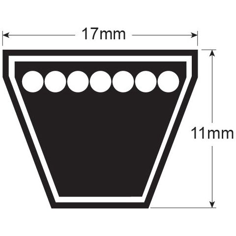 Diagram of a trapezoid shape with a top length of 17mm and a height of 11mm, featuring six circles aligned horizontally near the top edge. This design is ideal for Raw Edge Moulded Cogged Belt - AVX17 Section - Belt No. AVX17x1215 or Sparex Part No.S.19117 components from Sparex brand or John Deere replacements.