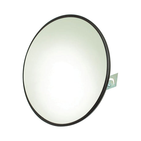 The Surveillance Round Mirror 450mm (Sparex Part No. S.19128) by Sparex is a 17 3/4-inch round convex mirror featuring a black edge and a metal mounting bracket on the right side. It is perfect for enhancing safety and visibility in various environments and is certified by Sparex for quality and durability.