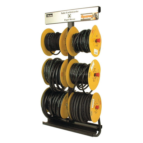 Display rack of Sparex braided fuel hoses, model S.19153, with multiple yellow spools arranged on a metal stand. The brand name and product labels are clearly visible on each spool.