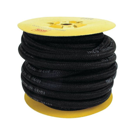 The Sparex Braided Fuel Hose 7.5mm x 14.5mm x 15M, with part number S.19155, is stored on a large spool with yellow ends and features a coiled length of black hose made from high tensile polyester.