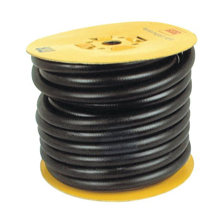 A coiled length of the Sparex Smooth Fuel Hose - 7.5 x 14mm x 15M (S.19159), crafted from premium-grade compounds, wrapped around a yellow spool.