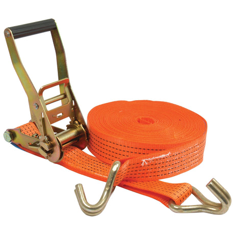 A Sparex Load Binder - Standard Range, 8 meters long with J Hooks on the ends and a metal ratcheting mechanism, made of durable polyester webbing, coiled neatly beside it.