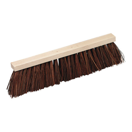 The Sparex 18" push broom features a durable Gumati mixture broom head (Sparex Part No. S.19188), complete with a long wooden handle and stiff brown bristles, designed for sweeping large areas.
