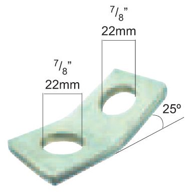 A Sparex Stabiliser Plate (Part No. S.191) boasts a metal design with two circular holes, each measuring 22mm (7/8") in diameter, and positioned precisely at a 25° angle.