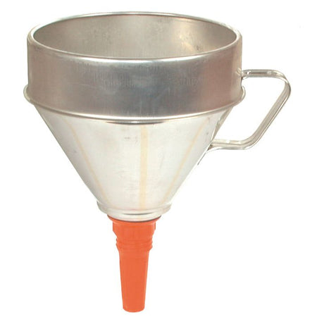 A metal funnel from Sparex, named FUNNEL-160MM DIA 1.2L T/PLATE - S.19200, comes with a handle, a red plastic spout, and an optional brass filter.