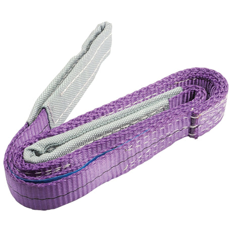 The Lorry Sling - 1M - S.19218 by Sparex is a rolled-up, purple polyester tow strap with reinforced gray loops at both ends. It is designed for heavy-duty towing or recovery situations and is rated to meet EN 1492-1:2000 standards, ensuring a safe working load for all your towing needs.