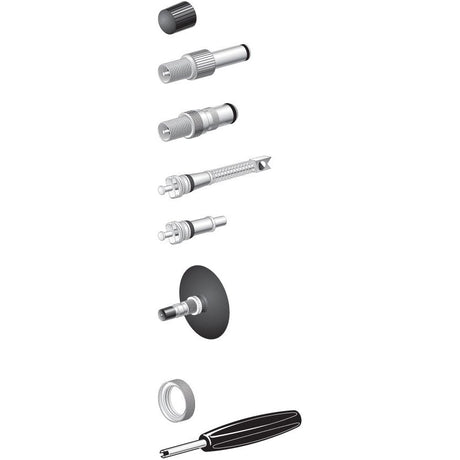 Exploded view of a mechanical assembly including screws, a cylindrical component, the TYRE VALVE CAP-PLASTIC by Sparex (Sparex Part No. S.19274), a disc, and a screwdriver.