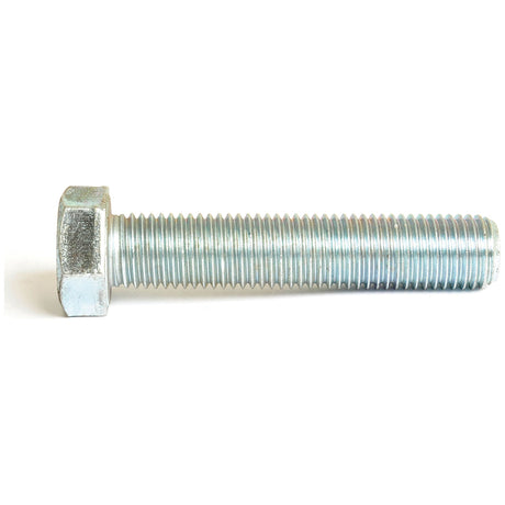 Close-up of a zinc-plated Sparex Metric Setscrew, M20x100mm (DIN 933) with an 8.8 tensile strength threaded shaft, placed on a white background.