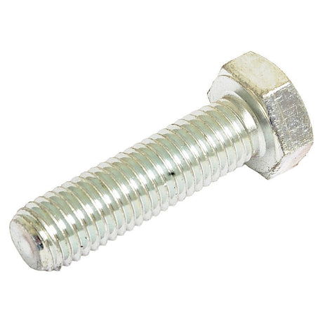 Image of a Sparex Metric Setscrew, M14x50mm (DIN 933) with a tensile strength of 10.9, featuring a zinc-plated silver hexagonal bolt and a threaded shaft against a white background. (Sparex Part No.S.19315)