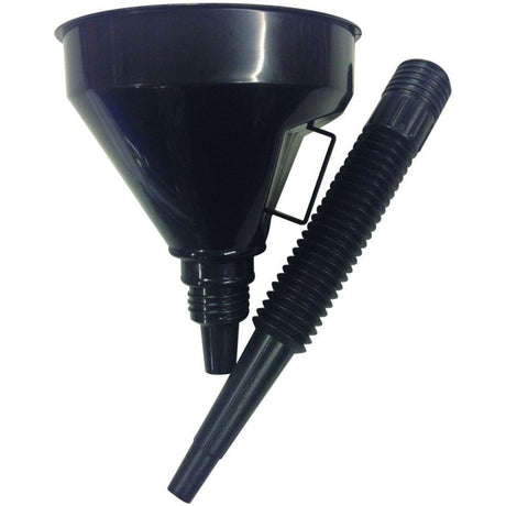 A Sparex Funnel Complete with Flexible Spout - S.19320, featuring a detachable, flexible spout and made of black plastic, lies next to it on a white background.