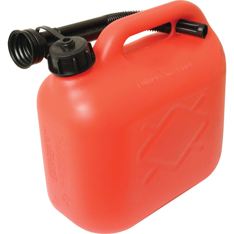 The Sparex Plastic Jerry Can - Red 5 ltr(s) (Petrol) | Part No. S.19321 is a red plastic jerry can with a black spout and screw-on cap, featuring a built-in handle for easy carrying.