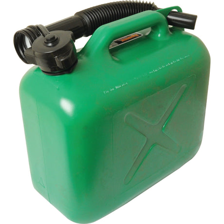 A Sparex Plastic Jerry Can - Green with a 5-litre capacity, specifically designed for unleaded petrol (Sparex Part No. S.19322), features a black spout attached to the handle.