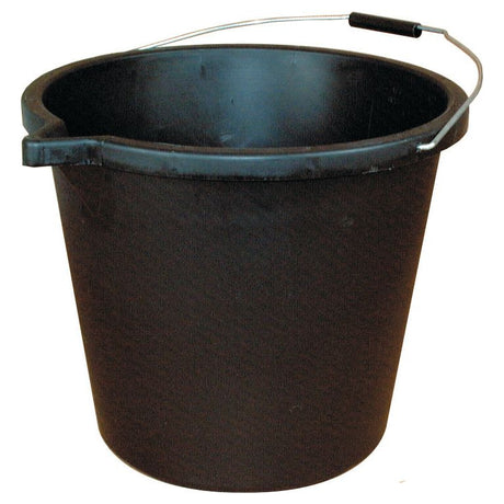 A Sparex BUCKET-PLASTIC-15L (Sparex Part No.S.19324) in black, featuring a metal handle and a convenient spout on one side.