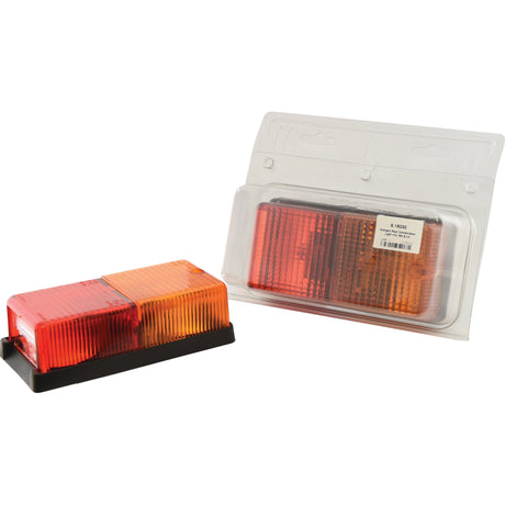 A Sparex Halogen Rear Combination Light 12V, RH & LH - S.19330 with a red and amber lens is shown next to its packaged version, displayed in a clear plastic package with a hanging tab.