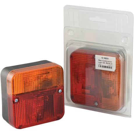 Two Halogen Rear Combination Lights 12V (RH & LH) - S.19331 by Sparex, one in packaging. These rectangular lights feature orange and red sections with clear lens covers and visible screws. They are SAE approved, ensuring top-notch quality for any vehicle.