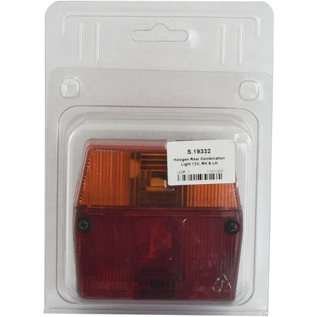 A packaged Sparex Rear Combination Light (Halogen) with a red and amber cover. A label on the packaging displays product details and code "S.19332", suitable for use as a brake, tail, indicator, or number plate light at 12/24V for both RH & LH applications.