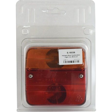 A packaged Sparex Rear Combination Light (Halogen) with red and orange lenses, made from reinforced polycarbonate. The label reads: "Rear Combination Light, 12V - S.19336, RH & LH." It also serves as an effective brake indicator. Packaged in clear plastic.