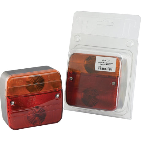 Two rectangular Rear Combination Lights by Sparex come with amber and red lenses, crafted from reinforced polycarbonate. One is unpackaged, while the other sits in clear plastic packaging with a white label. These 12V lights, model S.19337, are designed for brake/tail/indicator functions and are suitable for both right-hand (RH) and left-hand (LH) sides.