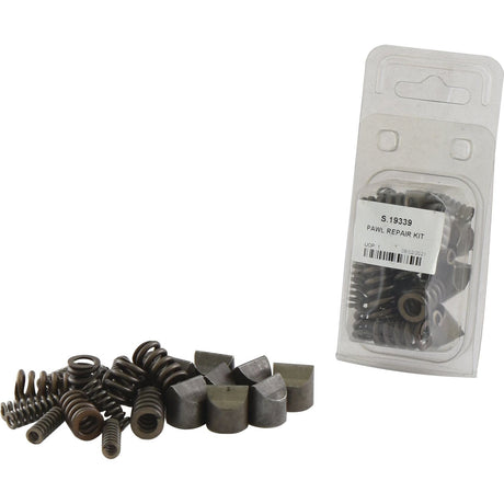 A Slip Clutch Pawl Repair Kit with various small metal springs and parts is displayed beside its packaging labeled "PAWL REPAIR KIT, Sparex Part No.S.19339." The Sparex kit ensures you have everything needed for efficient repairs.