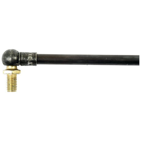 Close-up of the Sparex Gas Strut (S.19408), featuring a black metal rod connected to a brass threaded fitting on one end, all set against a white background, highlighting the detailed end fittings.