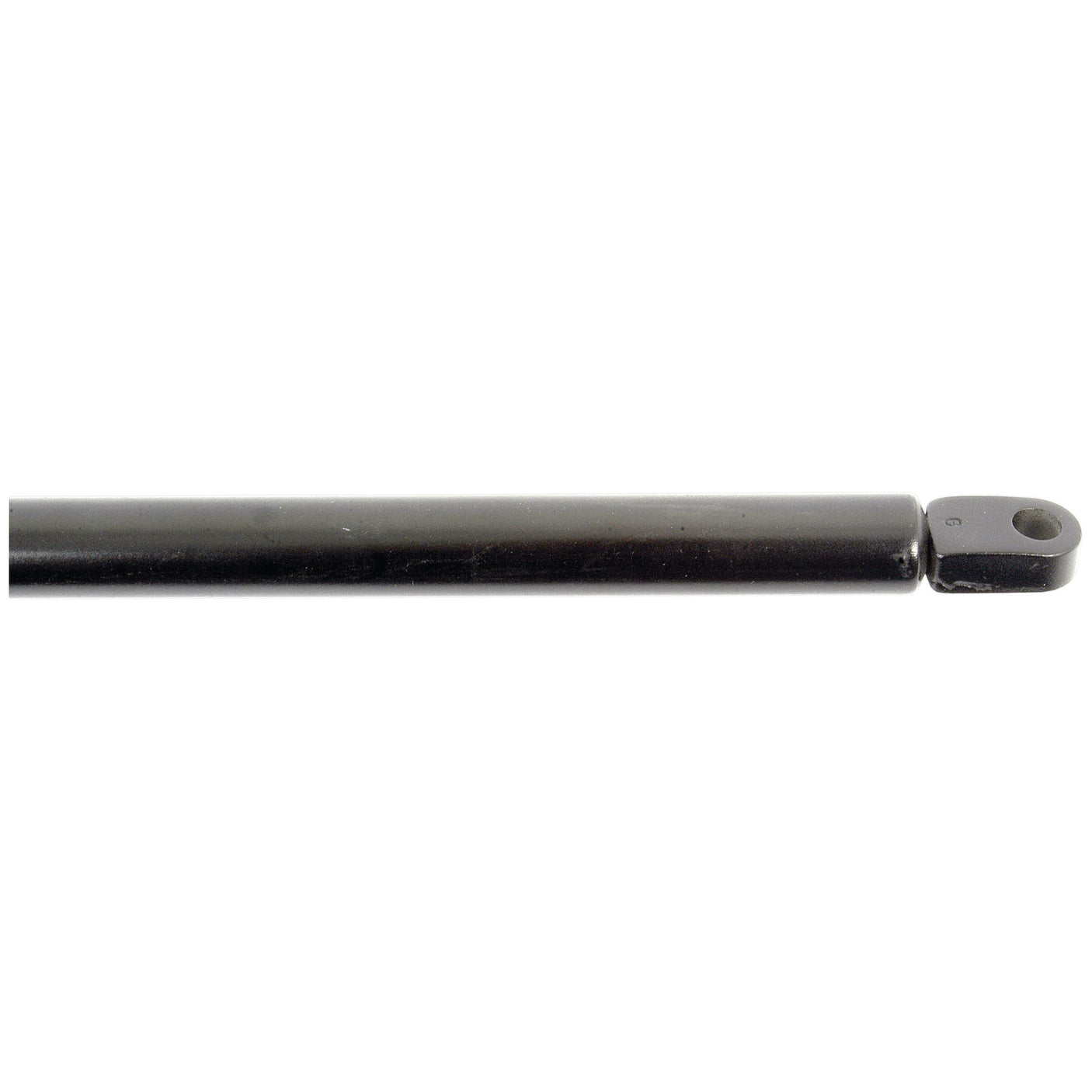 A close-up view of the Sparex Gas Strut (S.19410), a black, cylindrical metal rod with a flat, rectangular end featuring a hole, measuring a total length of 810mm and reminiscent of components used in John Deere hydraulic ram systems.