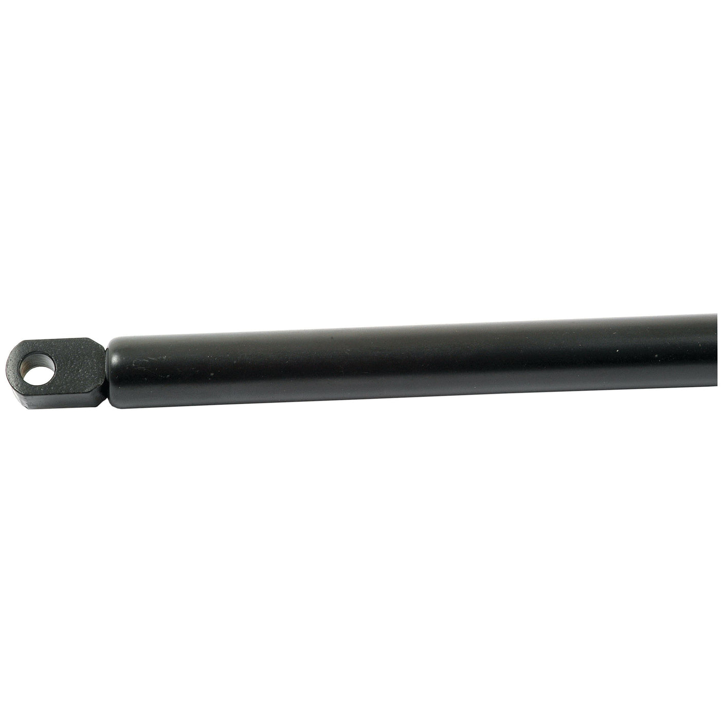 Close-up of the Sparex Gas Strut, Total length: 500mm - S.19412, a black cylindrical metal rod with a flat rectangular attachment featuring a small circular hole on one end, compatible with Ram Stroke 210mm models.