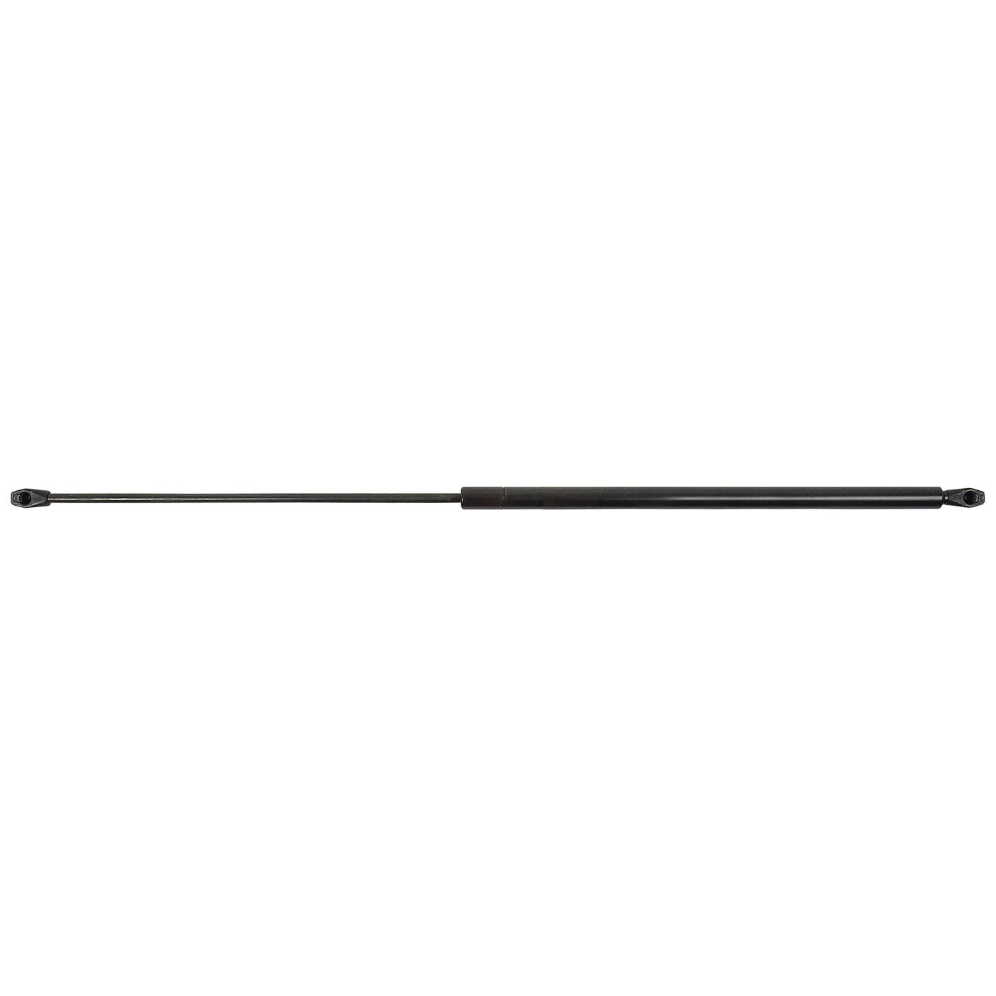 A Sparex Gas Strut (S.19415) in black, featuring mounting points at both ends, measuring 735mm in total length and offering 150 pressure, is shown on a white background. It is compatible with John Deere equipment.