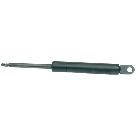 The Sparex Gas Strut (200mm, S.19434) is a black cylindrical product featuring a rod with a threaded end and an eyelet attachment on the other end, ideal for Massey Ferguson applications.