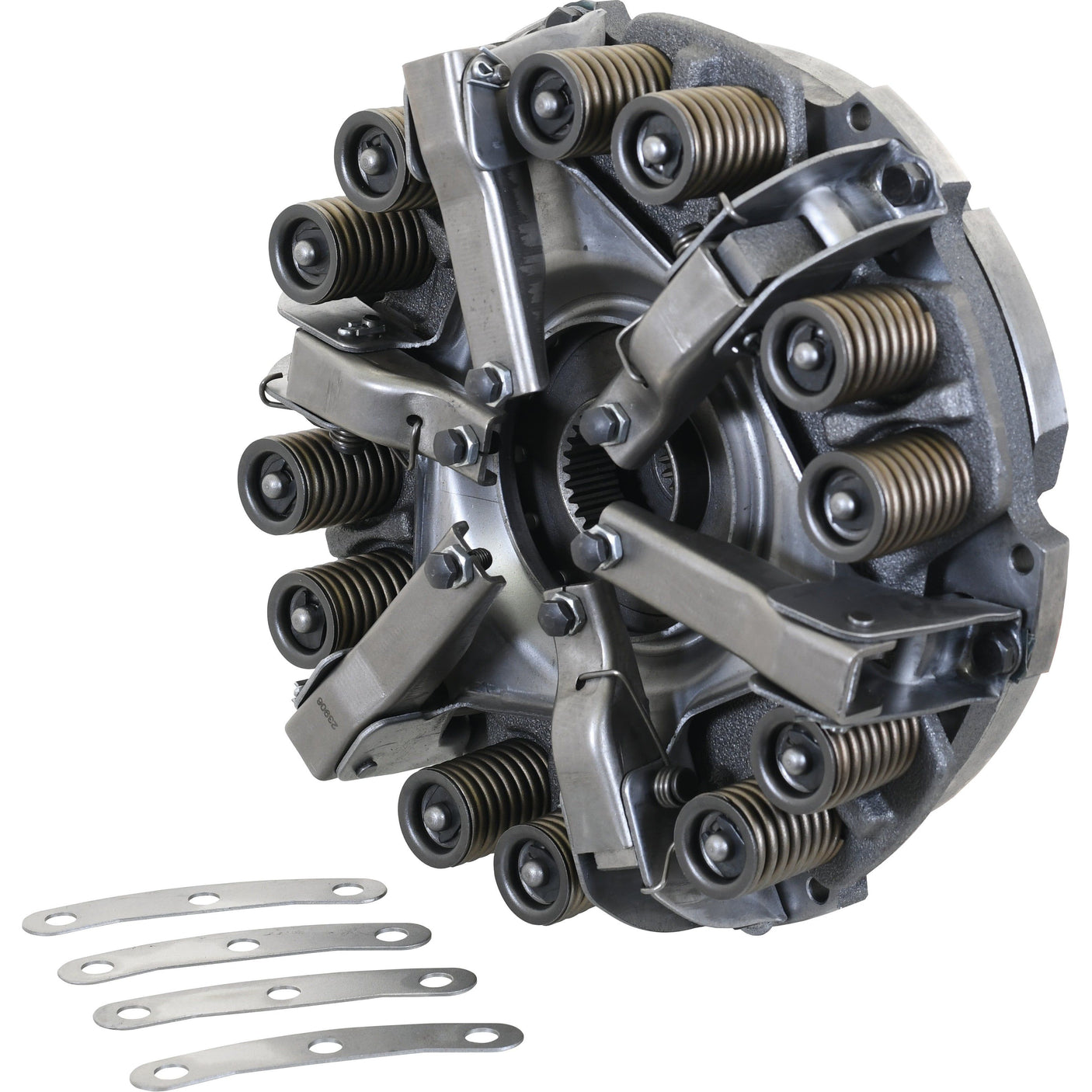 Image of a mechanical clutch assembly with multiple springs and levers, accompanied by four metal shims. This Sparex Clutch Cover Assembly (S.19509) features a dual cover, suitable for Ford / New Holland applications.