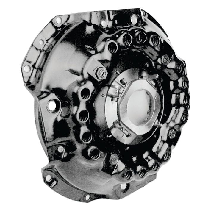 The Sparex Clutch Cover Assembly - S.19523 is a black mechanical component that features a central circular opening, several surrounding bolt holes, and intricate surface detailing. This 330mm cover is designed with precision and durability in mind.