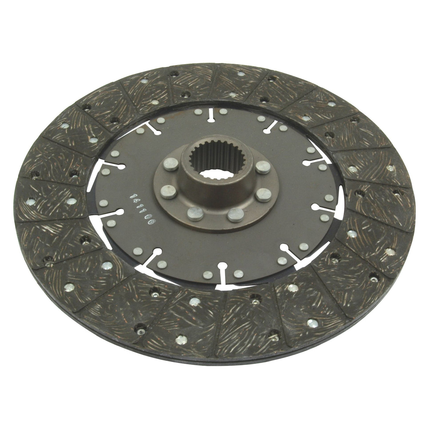 A close-up image of the Sparex Clutch Plate - S.19535, a circular mechanical component with a toothed center and friction surfaces used in automotive transmissions, is shown. The disc size is 302mm and it's compatible with Ford New Holland models.