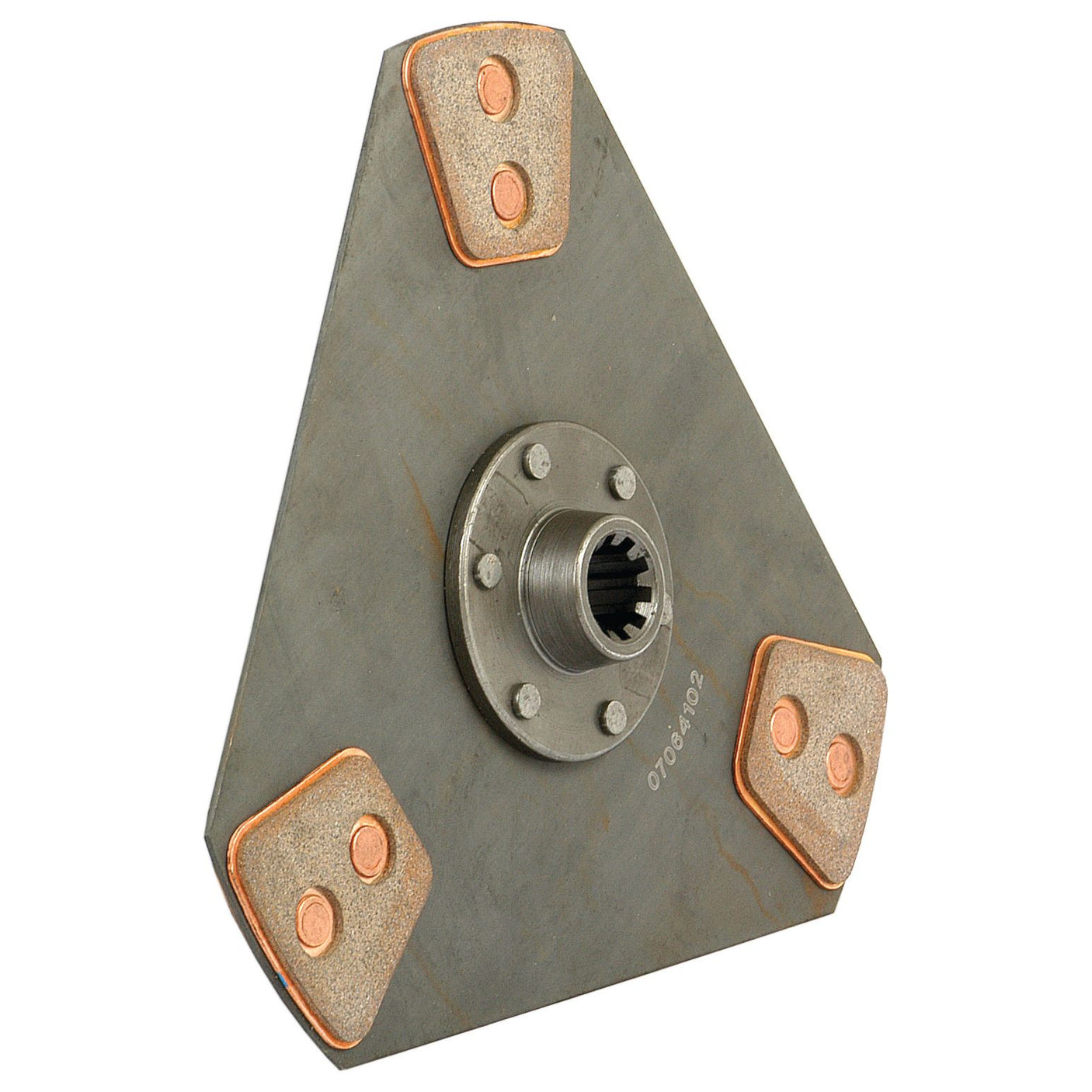 The Sparex Clutch Plate - S.19538 is a triangular metallic component featuring a central hub and three protruding sections, each equipped with two round metallic pads, crafted with Cerametallic lining material. This clutch plate is compatible with Ford/New Holland models.