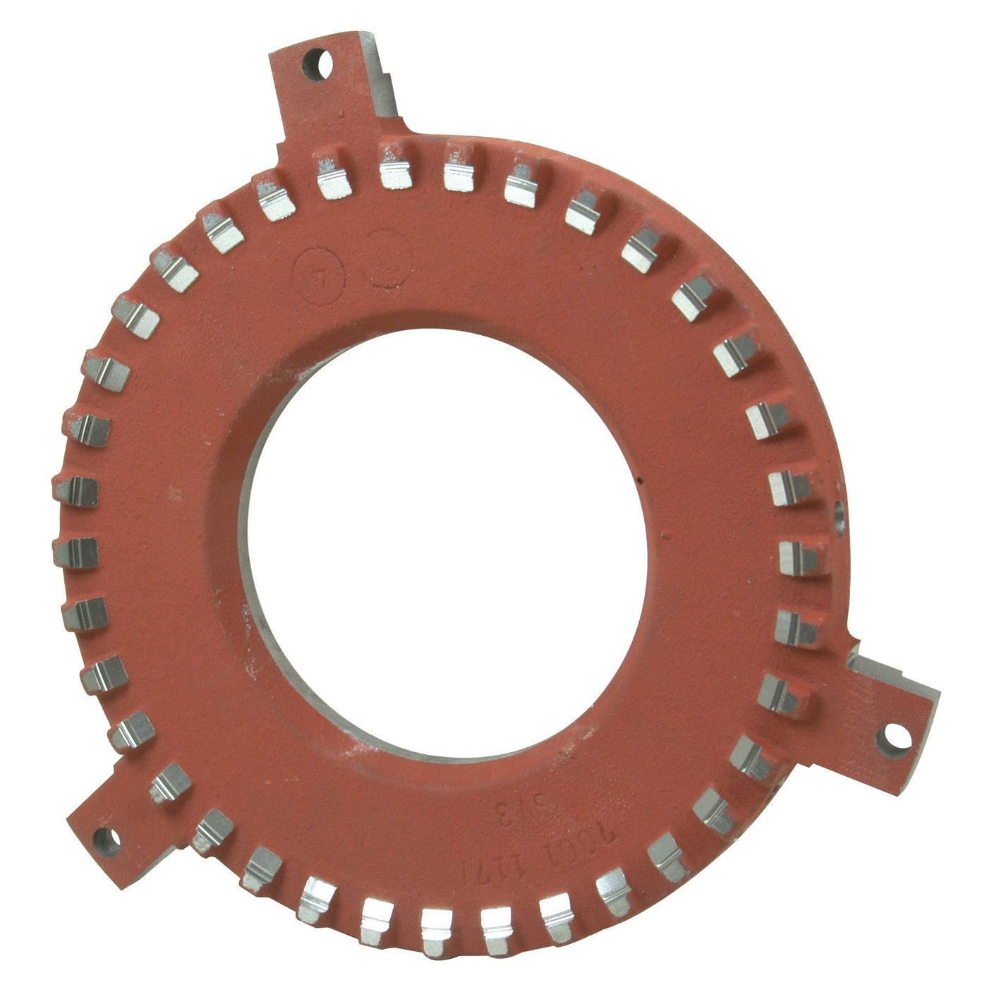 The Clutch Cover Assembly - S.19547 by Sparex is a round, orange mechanical part with evenly spaced metal teeth along the inner edge and four protruding tabs on the outer edge, designed to fit a cover size of 280mm and is compatible with Zetor models.