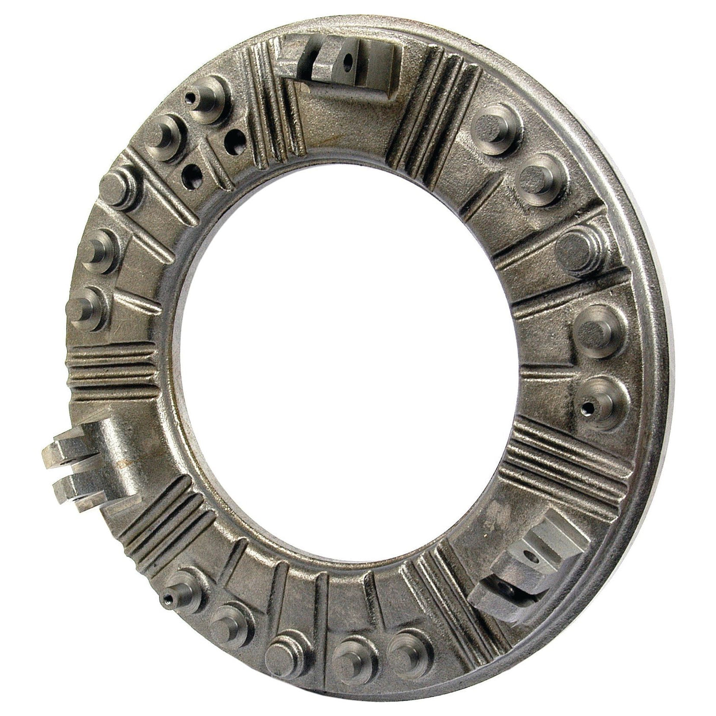 A metallic circular mechanical component featuring multiple bolts, grooves, and notches arranged symmetrically around its circumference is exemplified by the Clutch Pressure Plate (Sparex Part No. S.19561), a high-quality tractor part from the esteemed brand Sparex.