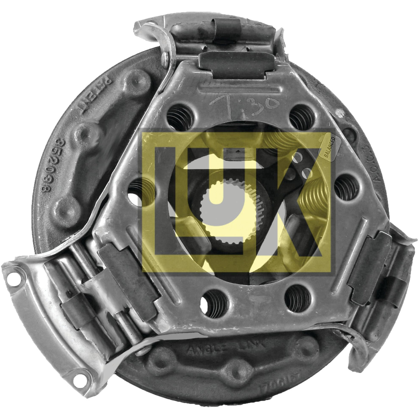 The Sparex Clutch Cover Assembly - S.19635 is a metallic automotive part identified by "LUK" in yellow over the center. It features multiple mounted components, a central gear with teeth, and is designed with a fixed rigid PTO hub.