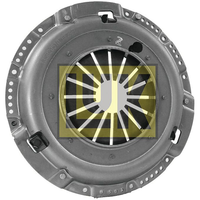 Close-up of the Clutch Cover Assembly - S.19661 from Sparex, showcasing a metallic automotive clutch pressure plate with a yellow and black logo in the center, featuring a robust single cover design.