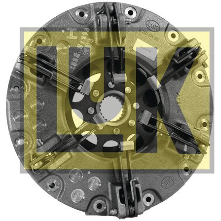 A circular mechanical component featuring intricate metal parts, with the text "LUK" overlaid in yellow on the image, is housed within a robust cast iron housing and is known as the Clutch Cover Assembly - S.19671 by Sparex.