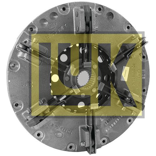 The Clutch Cover Assembly - S.19678 from Sparex is a circular mechanical part with a central gear, adorned with bold yellow letters spelling "LUK." Made from Cerametallic material, this metallic component boasts multiple cut-outs and interlocking elements, highlighting its blend of durability and precision engineering.