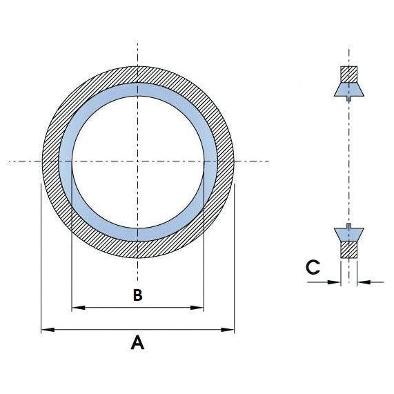 Technical drawing of a Sparex self-centering bonded seal 3/4'' JIC (Sparex Part No. S.1968) cylindrical ring, exhibiting an outer diameter A, inner diameter B, and a cross-section delineating thickness C. The ring is shaded to differentiate the materials used.