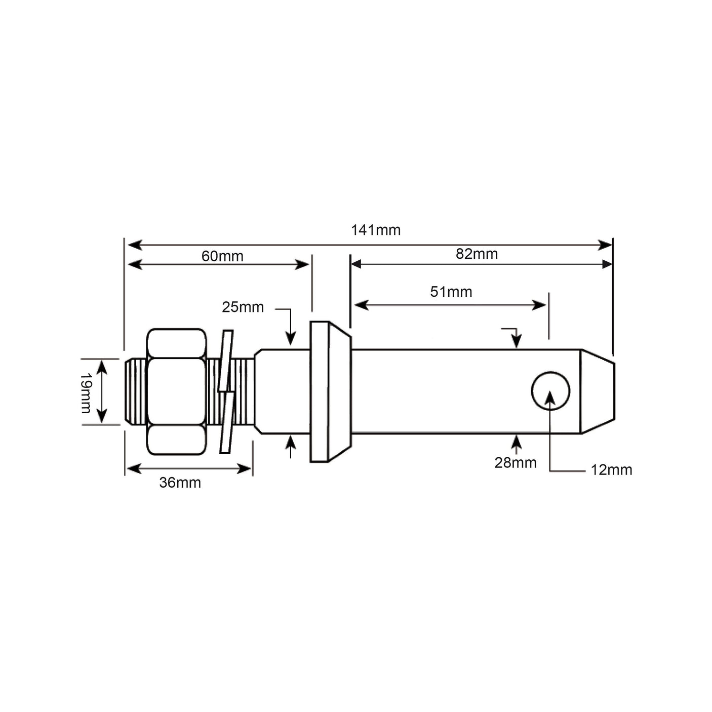 Technical drawing of a Lower Link Implement Pin (Sparex Part No. S.196) with side dimensions: 141mm overall length, 36mm head width, 82mm shaft length, 51mm thread length (Thread size 3/4'' UNF), 28mm shaft diameter, and a 12mm end diameter. Annotations highlight measurement details for this Sparex Cat. 2 product.