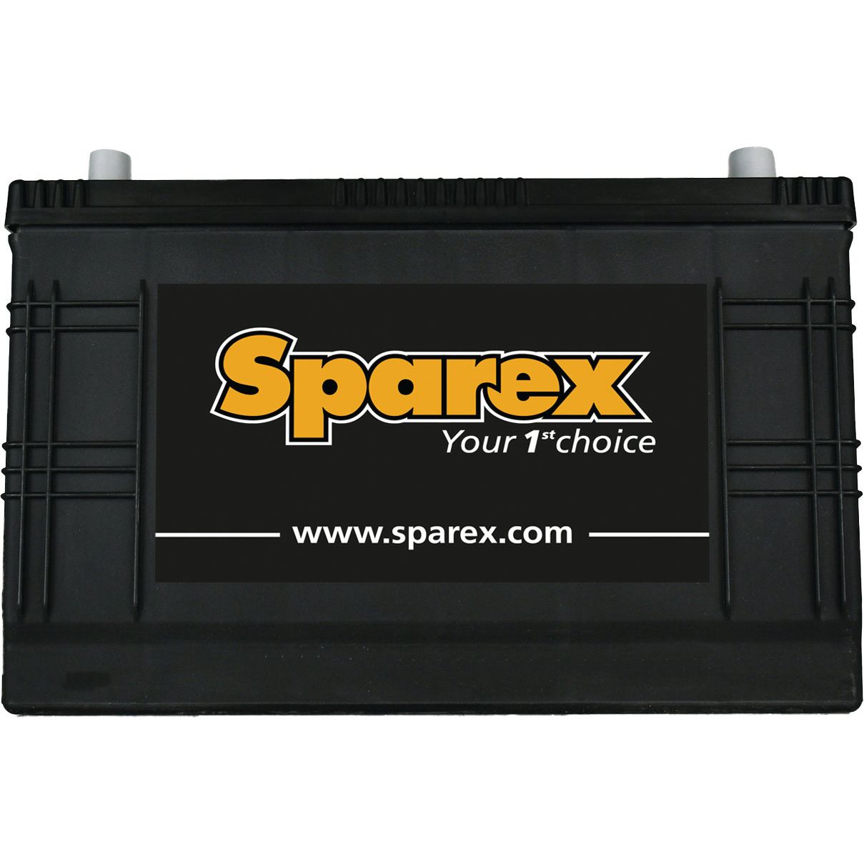 A black car battery labeled "Battery 627/62034 - S.19724" from the brand "Sparex" with the slogan "Your 1st choice" printed on it, and boasting excellent Cold Start Performance. The website "www.sparex.com" is also visible.