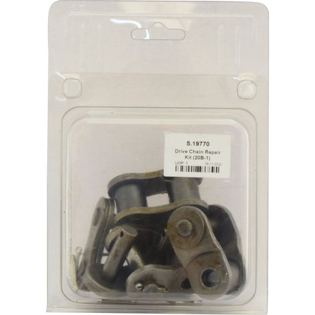 A plastic package contains a Sparex Drive Chain Repair Kit (20B-1) with multiple metallic chain links visible inside. A label on the front displays the product name and code, "Drive Chain Repair Kit (20B-1) - S.19770".